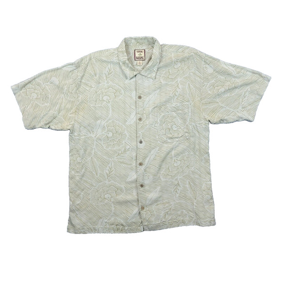Vintage Tommy Bahama Shirt Men L Tan Button Up Short Sleeve Silk Floral Hawaiian - Picture 1 of 14